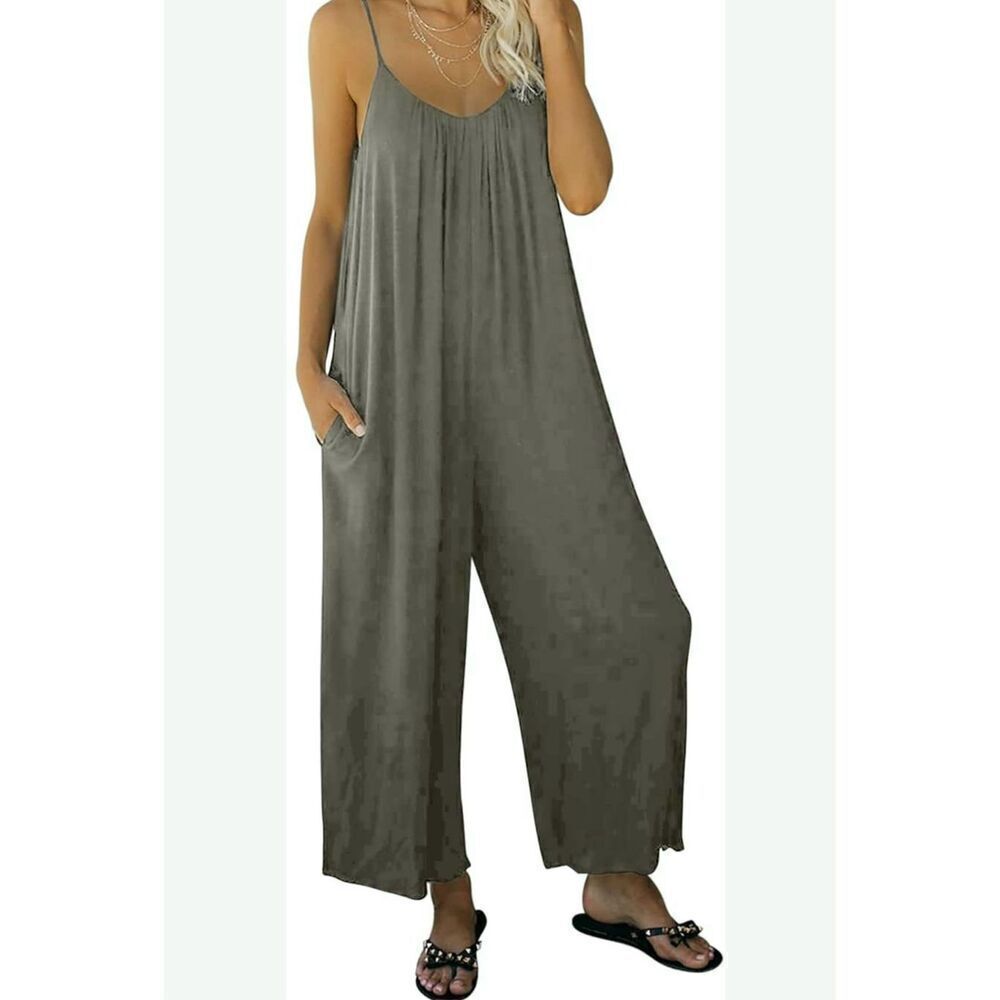 Cherish Women’s Olive Spaghetti Strap Wide Leg Oversized Jumpsuit Sz Small NEW